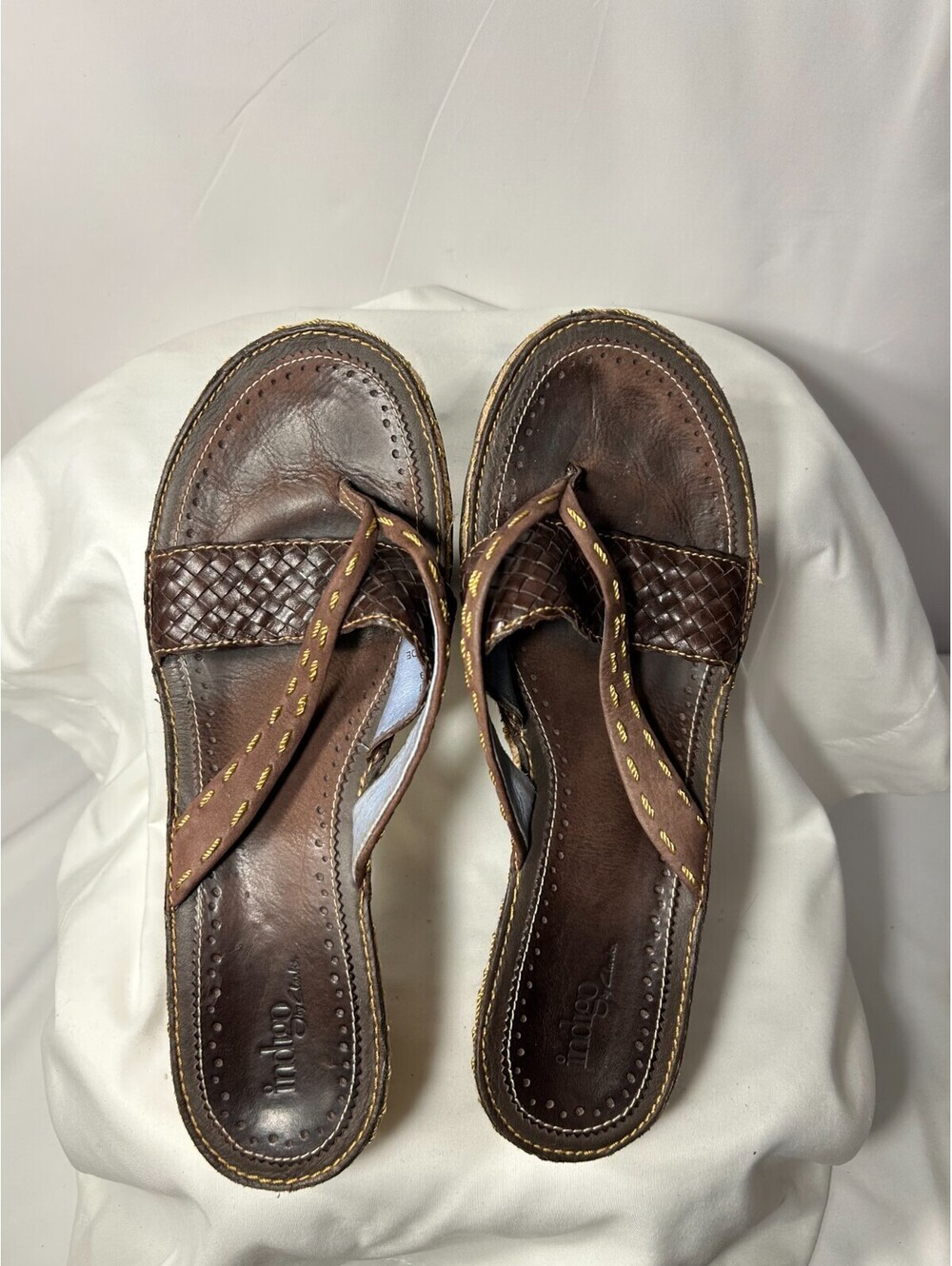 Indigo by Clarks Brown Leather Woven Thong Espadrille Wedge Sandals Womens 9M